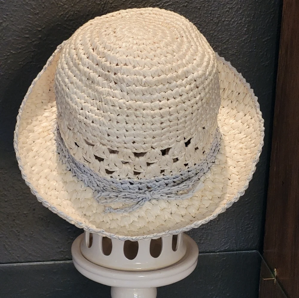 1960s Handwoven In Italy White Raffia Bucket/Sun Hat Blue Trim One Size